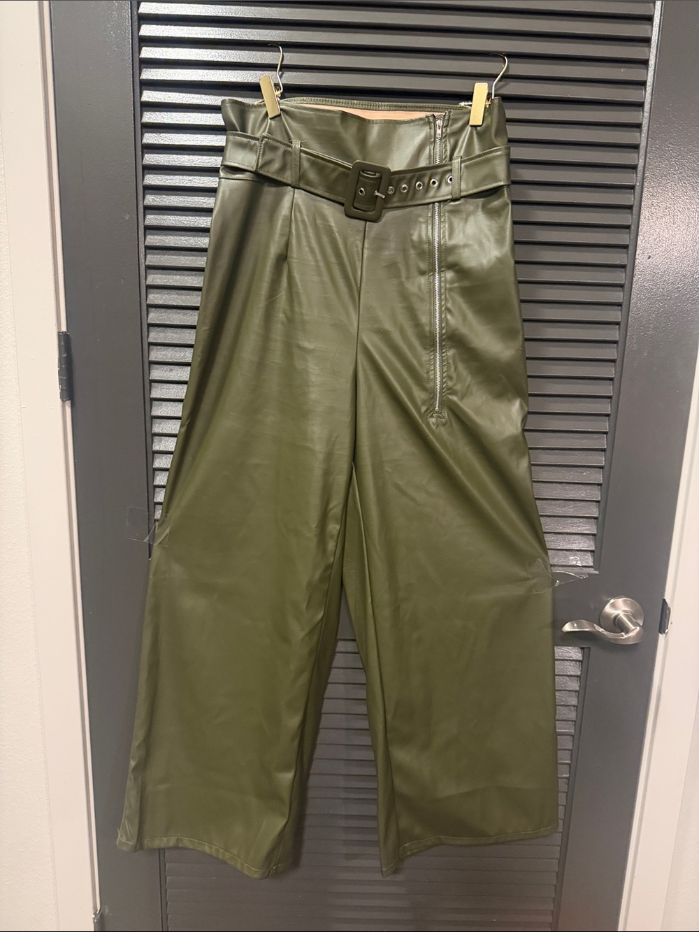 High-Waist Olive Vegan Leather Wide-Leg Pants with Belt